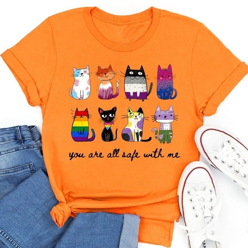 Rainbow Color Cats You Are All Safe With Me Cotton T-Shirt