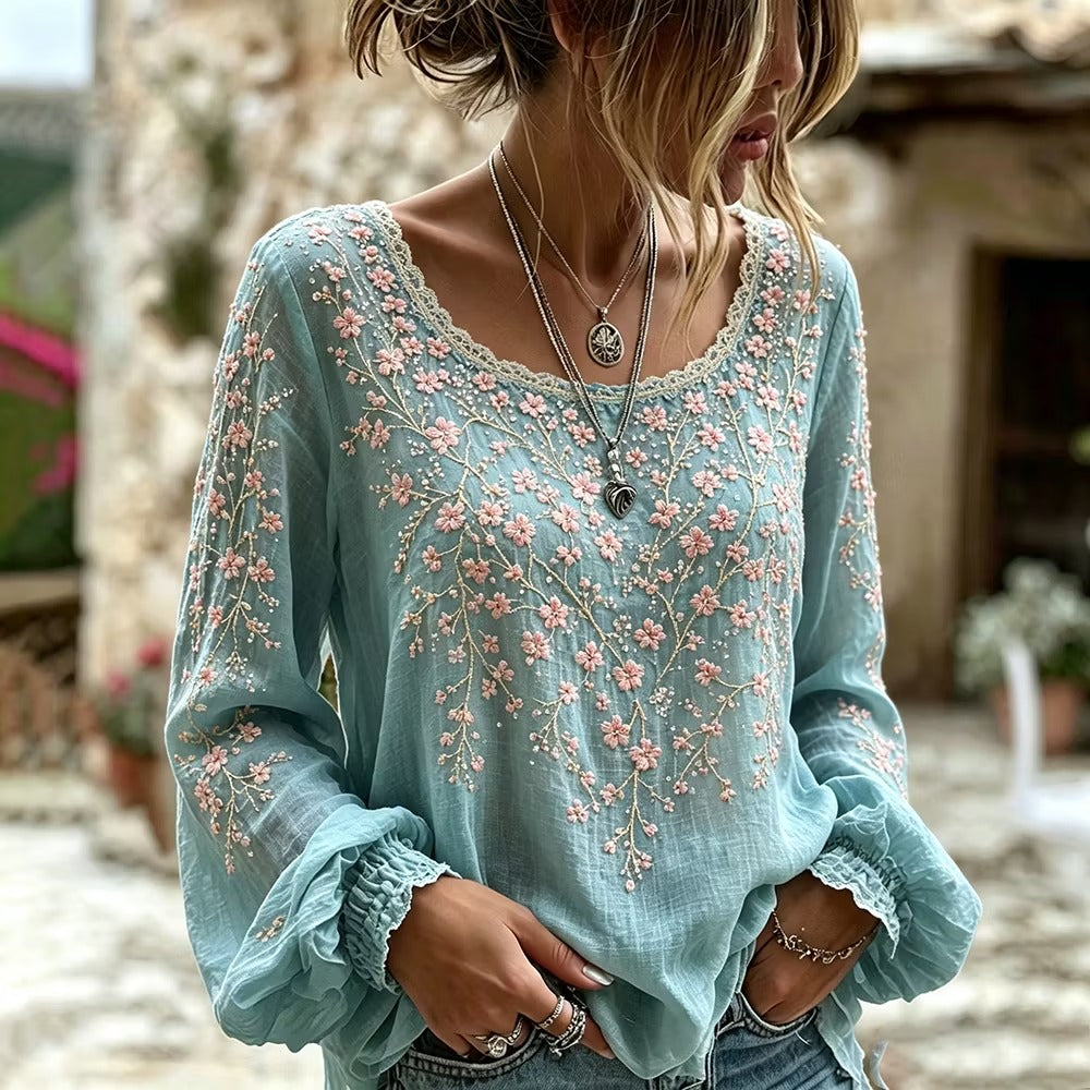 Women's Pink Cherry Blossom Embroidered Art Crew Neck Long Sleeve Linen Blend Top