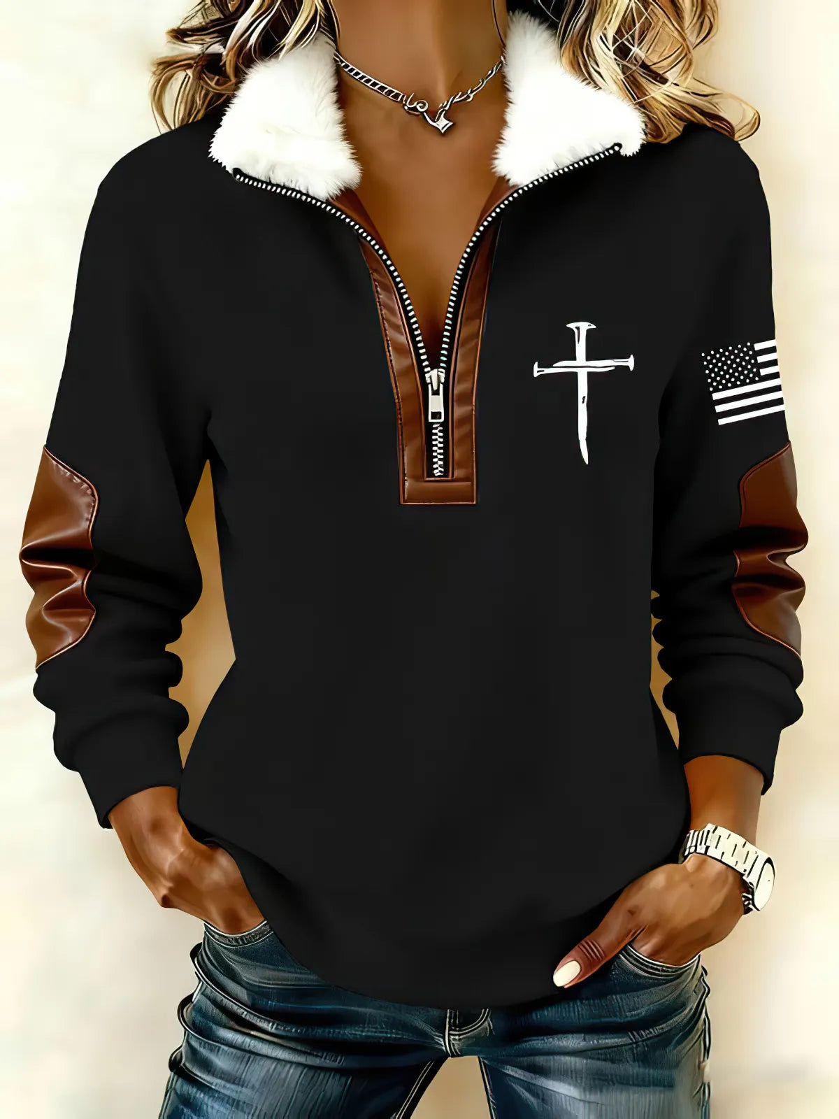Women's Casual Retro Faith Print Patchwork Fur Collar Long-Sleeve Sweatshirt