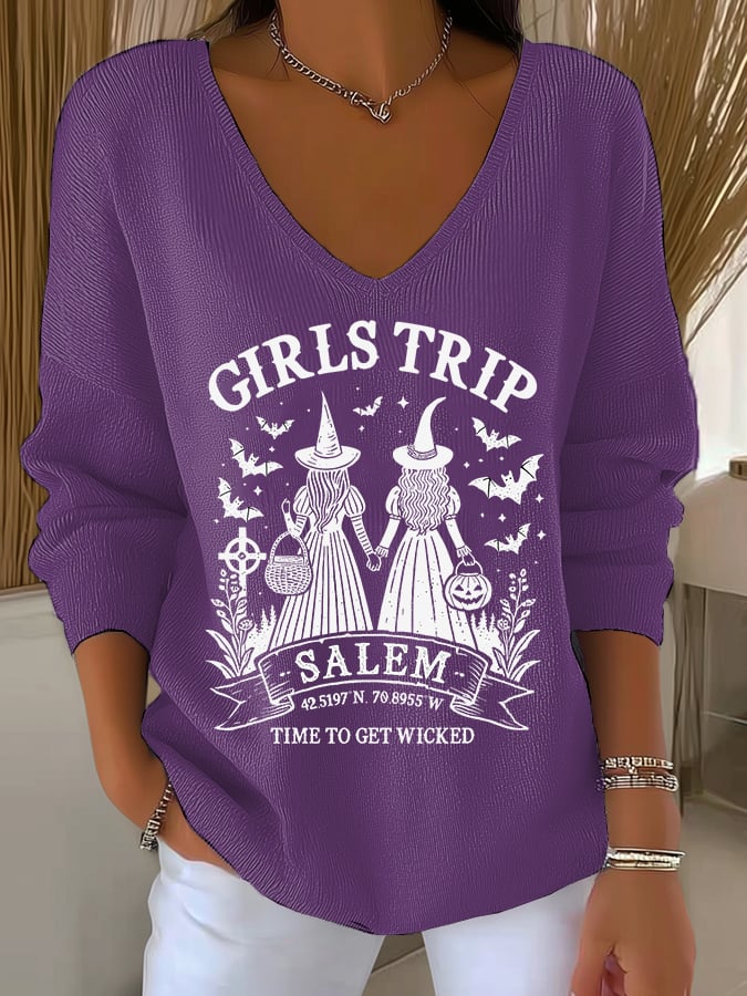 🔥HOT SALE🔥Women's Girls Trip Salem Witch Print V Neck Sweater