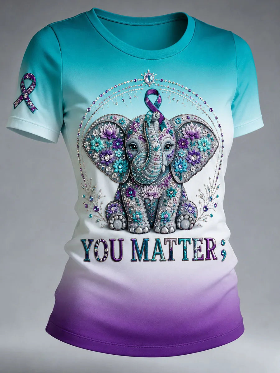 Women’s “You Matter” Floral Elephant Print Crew Neck T-Shirt