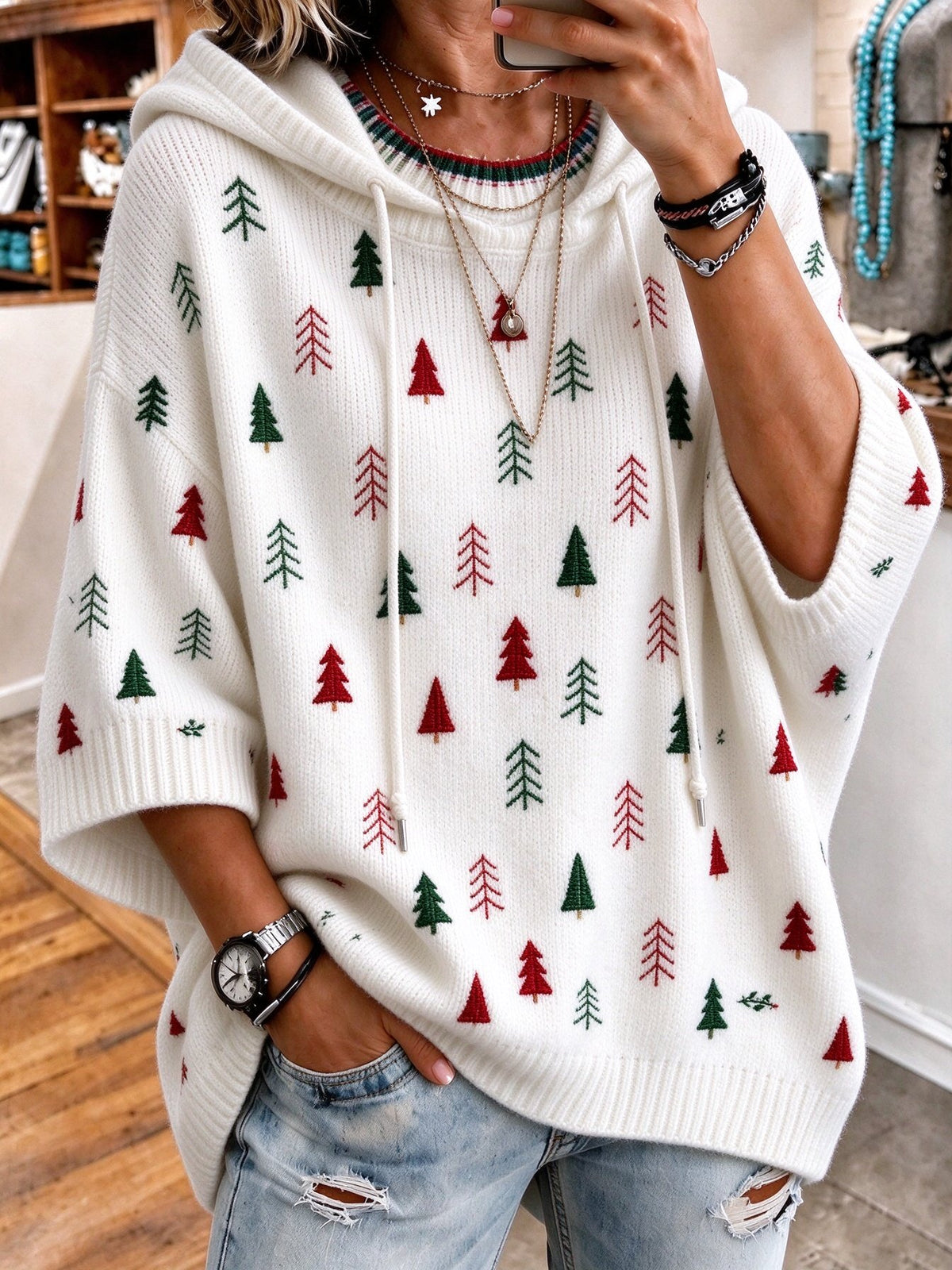 Women's Christmas tree Print Knitted Hoodie