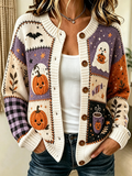 Women'S Casual Pumpkin Patchwork Printed Knitted Cardigan Top