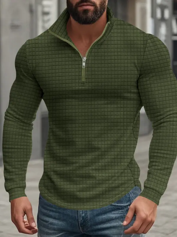 Men's American Retro Autumn And Winter Half-Zip Small Plaid Casual Stand-Up Collar Long-Sleeved Sweatshirt