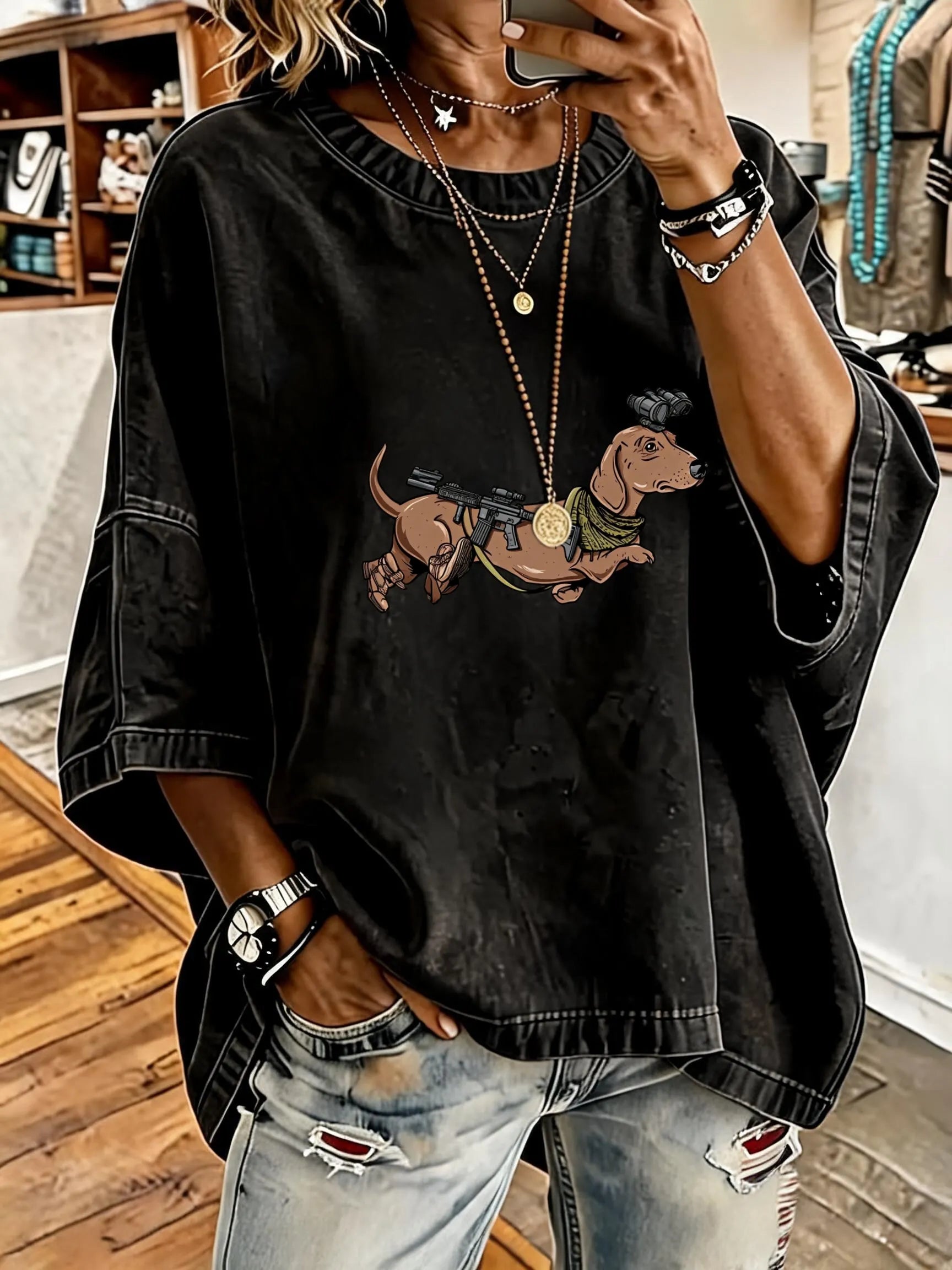 Women'S Vintage Distressed Washed Tactical Wiener Oversized T-Shirt