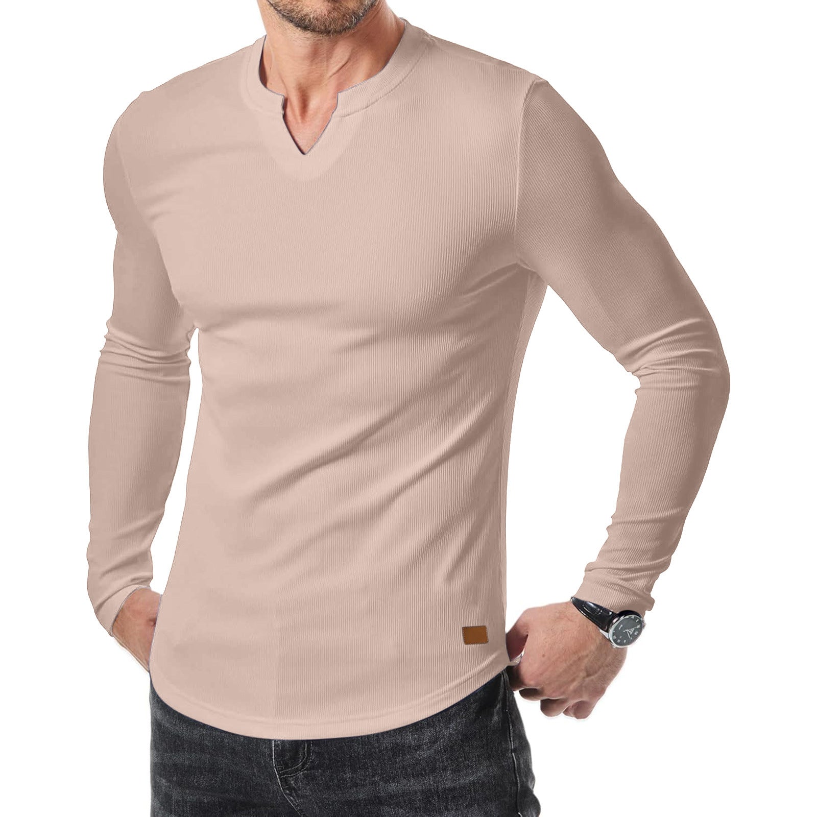 Men's Plain Casual Muscle Shirts for Men Slim Fitted T Shirt V-Neck Longline Ribbed Tees Shirts Long Sleeve Gym Workout Athletic Menswear Tops