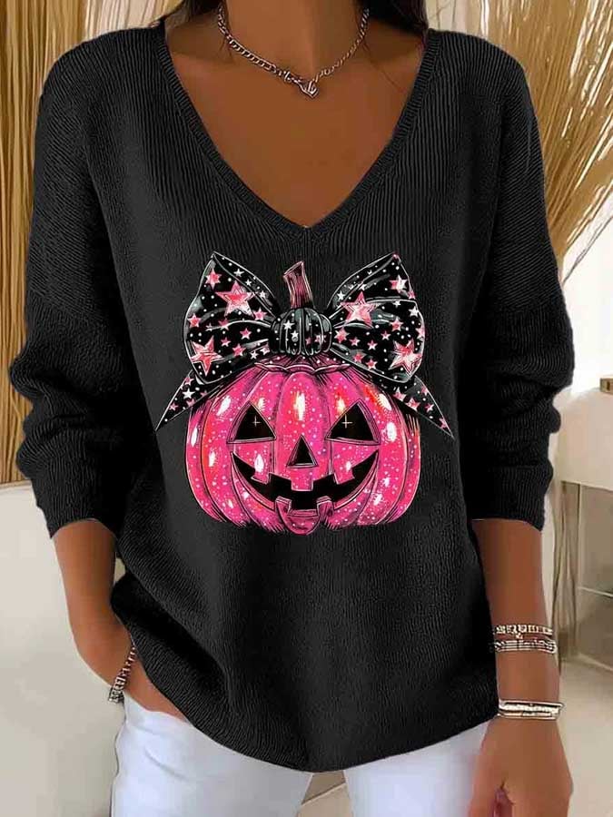 Women's Halloween Pumpkin Face Print Long Sleeve Top