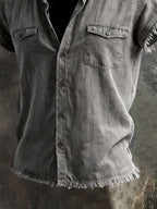 Men'S Retro Cotton-Linen Short-Sleeve Hoodie Shirt With Frayed Edges