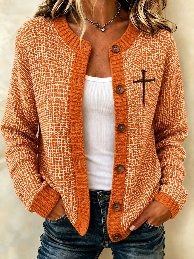 Women'S Faith Cross Printed Knitted Cardigan