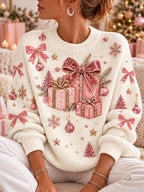 Damen-Sweatshirt mit Weihnachtsmuster, Rundhalsausschnitt und langen Ärmeln