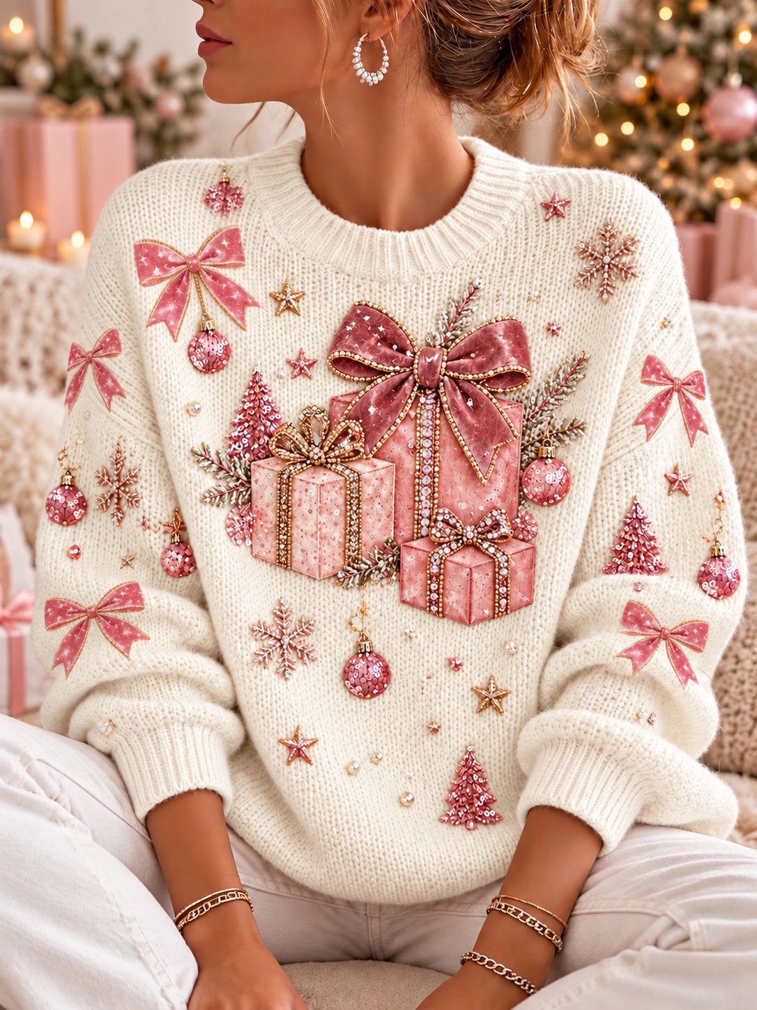 Damen-Sweatshirt mit Weihnachtsmuster, Rundhalsausschnitt und langen Ärmeln