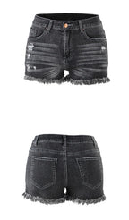 Denim Shorts With Slits And Tassels At The Hem
