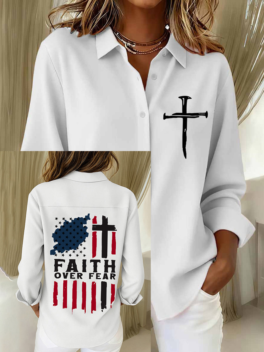 Women's Faith Over Fear Print Casual Cotton Linen Shirt