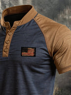 Men's Retro Slub Cotton Color-Block Henley T-Shirt with Stand Collar