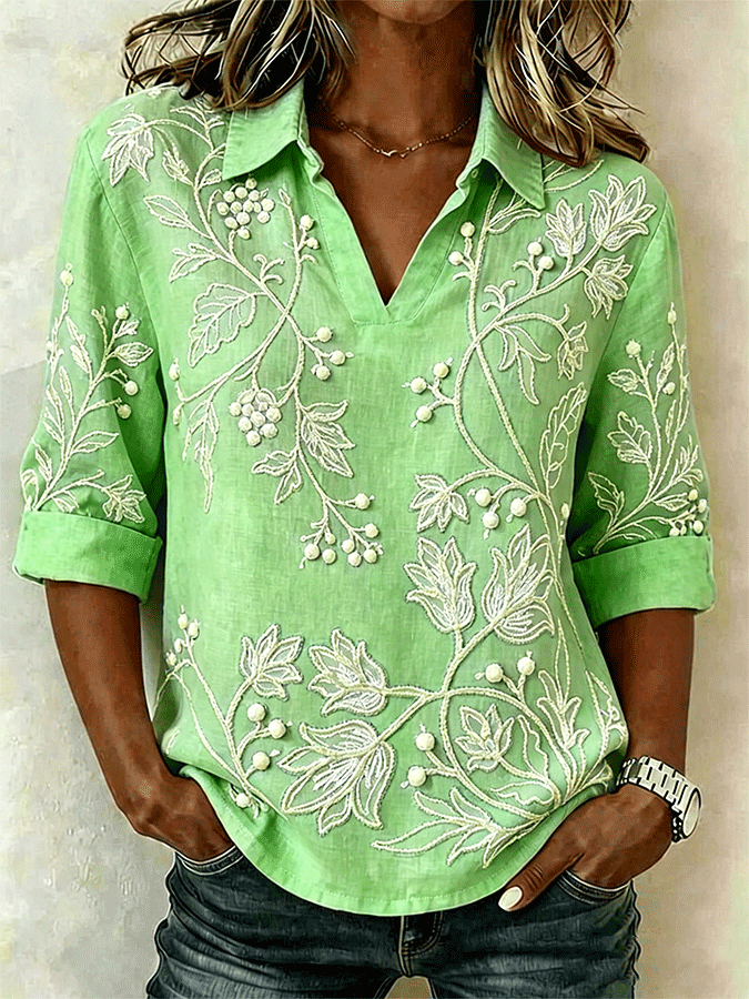 Women's Shawl Collar Half Sleeve Floral Lightweight Loose Shirt