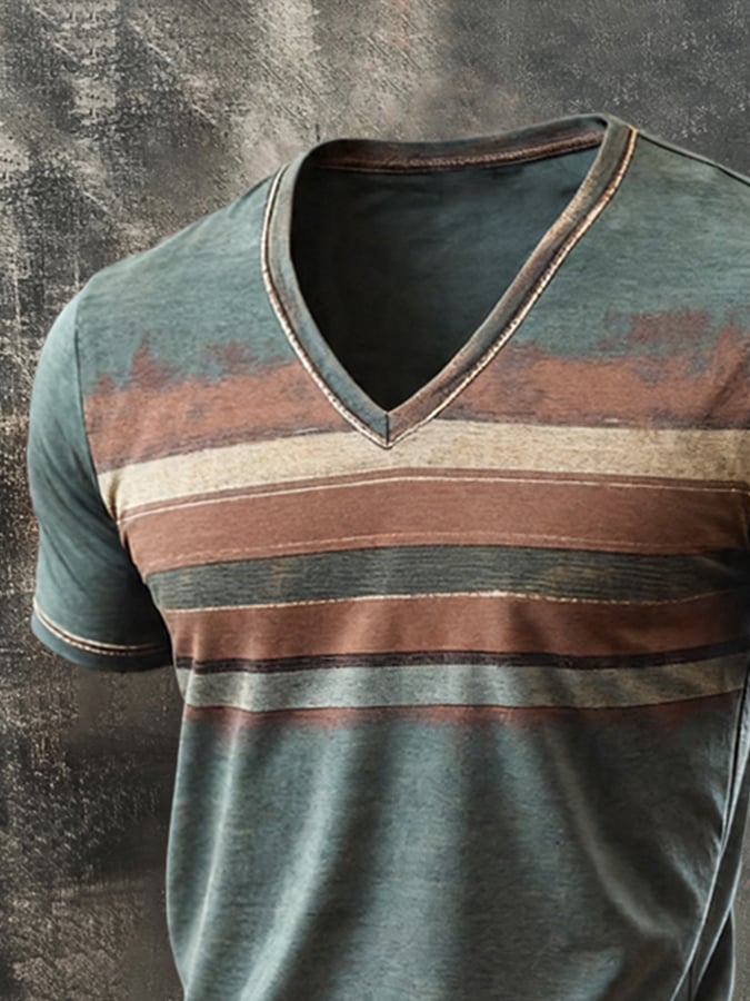 Men'S Retro Pure Cotton Short-Sleeve T-Shirt With Contrast-Color V-Neck And Print