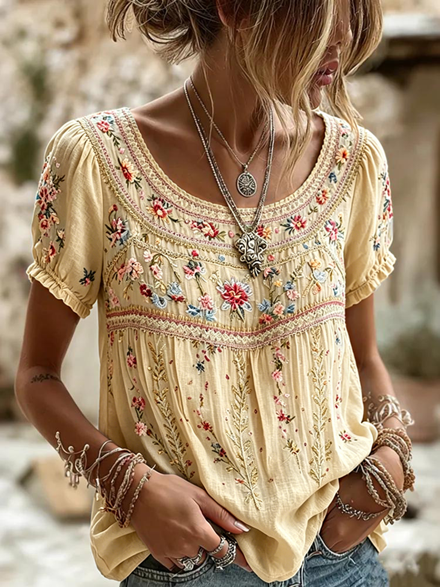 Women's Retro Floral Pattern Casual T-shirt