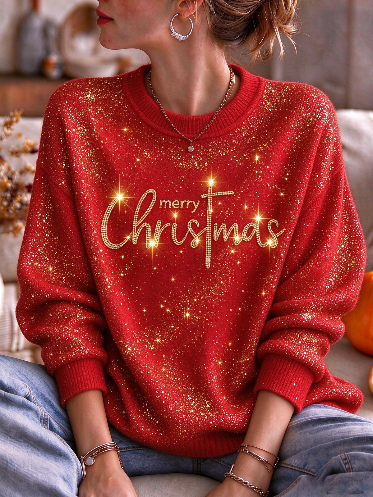 Women's Christmas Faith Print Casual Knit Top