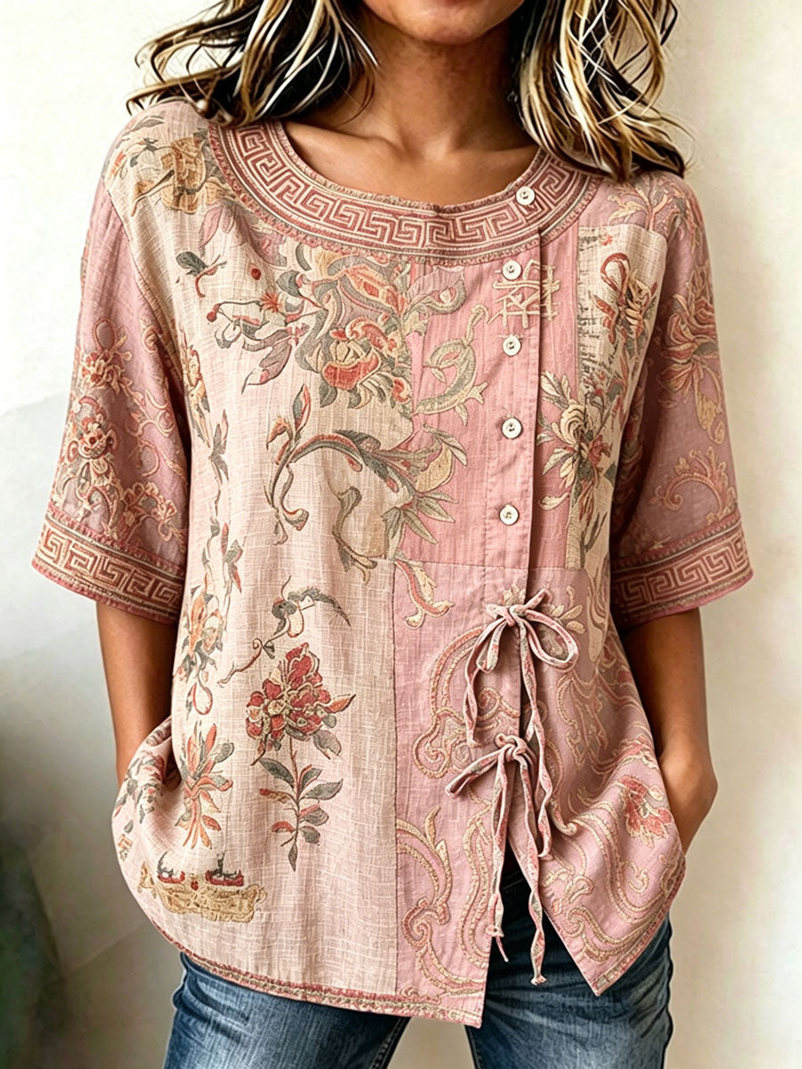 Women'S Casual Print Cotton Linen Top