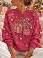 Damen-Sweatshirt mit Weihnachtsmuster, Rundhalsausschnitt und langen Ärmeln
