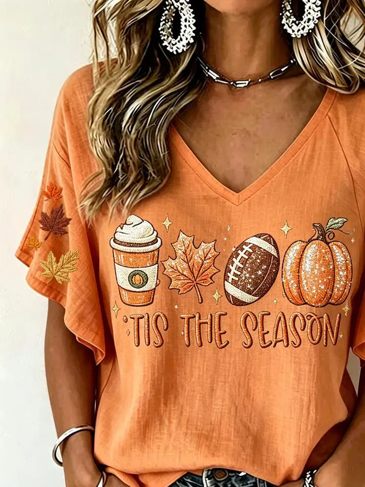Women Maple Leaf Short Sleeve Tee T-shirt V Neck Casual Summer Top