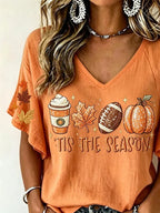 Women Maple Leaf Short Sleeve Tee T-shirt V Neck Casual Summer Top