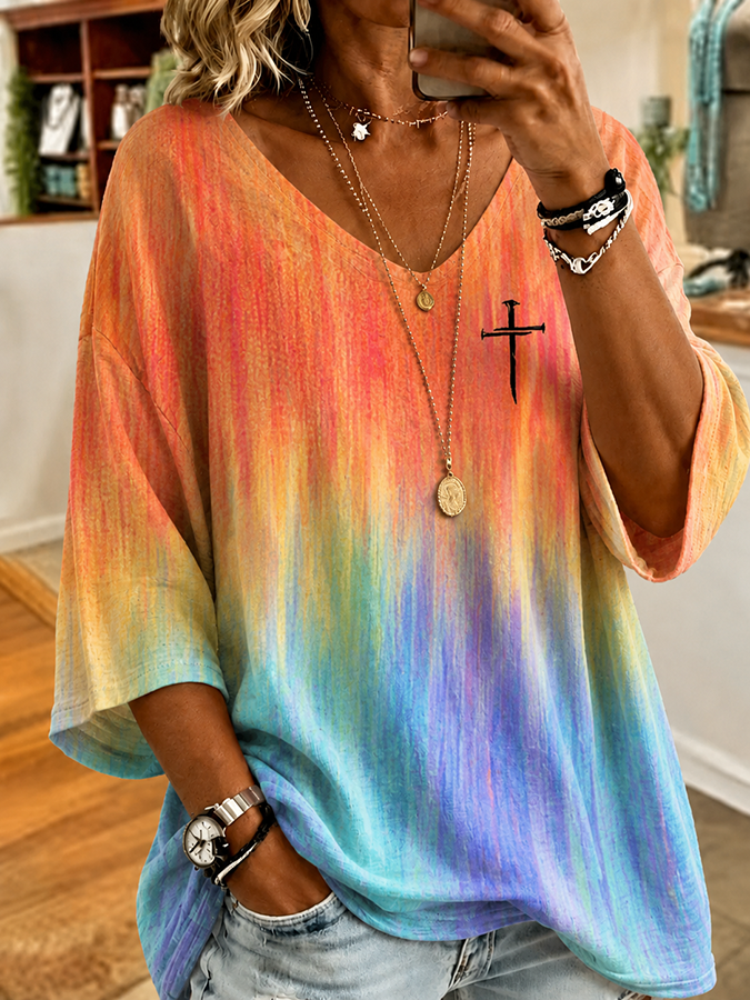 Women'S Casual Gradient V-Neck 7-Inch Sleeve T-Shirt