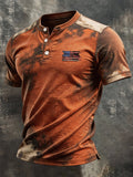 Men's Retro Patriotic Color-Block Short-Sleeve Henley T-Shirt