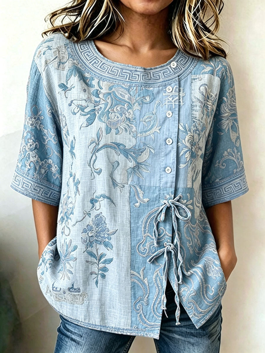 Women'S Casual Print Cotton Linen Top