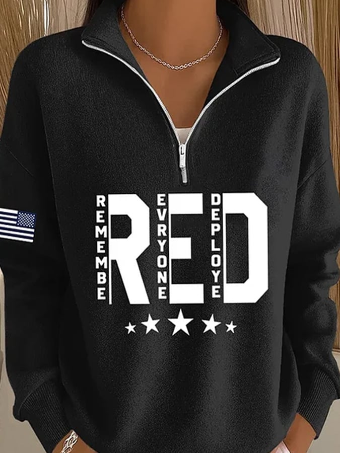 Women's Red Friday Print Casual Long Sleeve Zip Sweatshirt