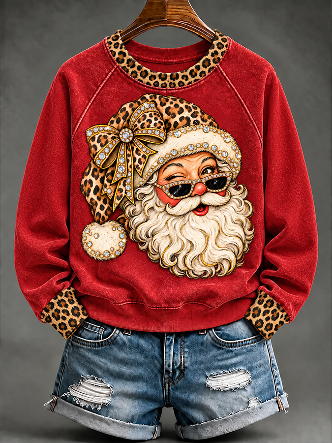 Women'S Santa Claus Leopard Print Pullover