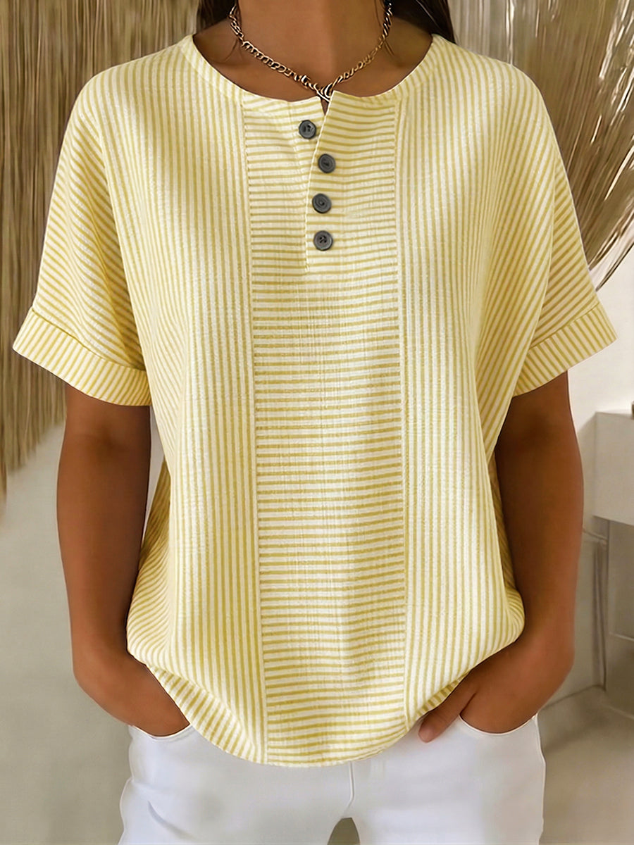 Women's casual striped cotton linen button-down shirt