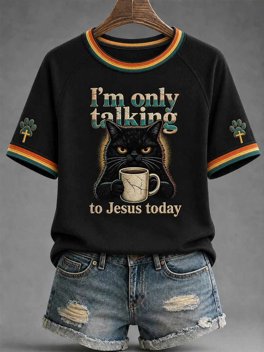 Women's I'm Only Talking To Jesus Today Black Cat Coffee Mug Retro Art Print Casual T-Shirt