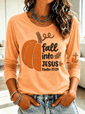 Women's Fall Into Jesus Pumpkin Embroidery Long Sleeve Tee