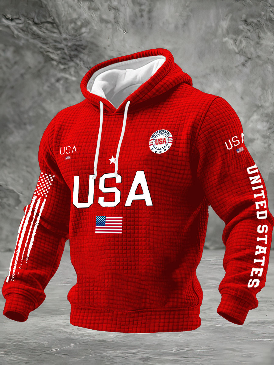 Men's Waffle American Flag Print Hooded Casual Sports Sweatshirt