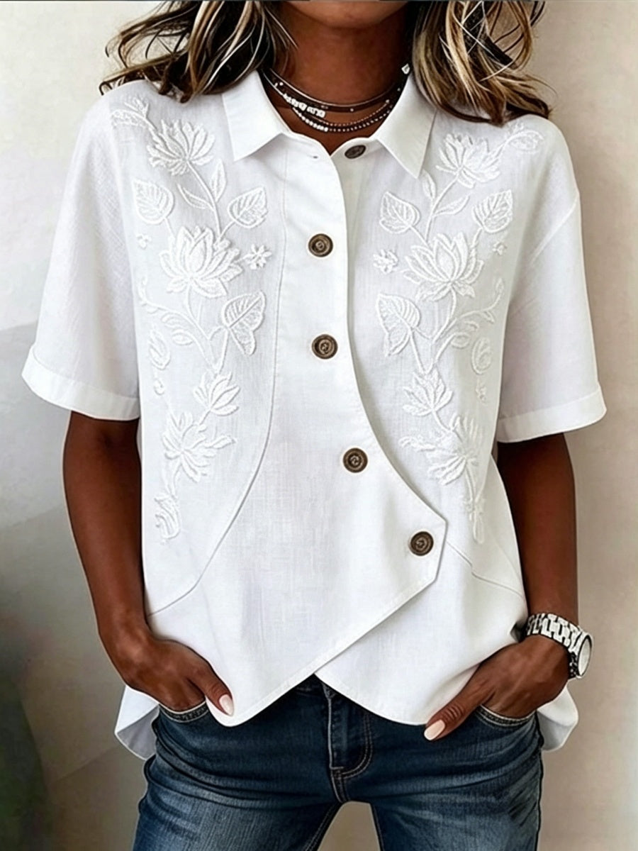 Women's Floral Art Short-Sleeve Linen Shirt