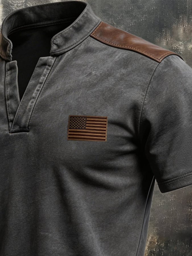 Men's Vintage 100% Cotton T-Shirt with Leather Paneling