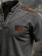 Men's Vintage 100% Cotton T-Shirt with Leather Paneling