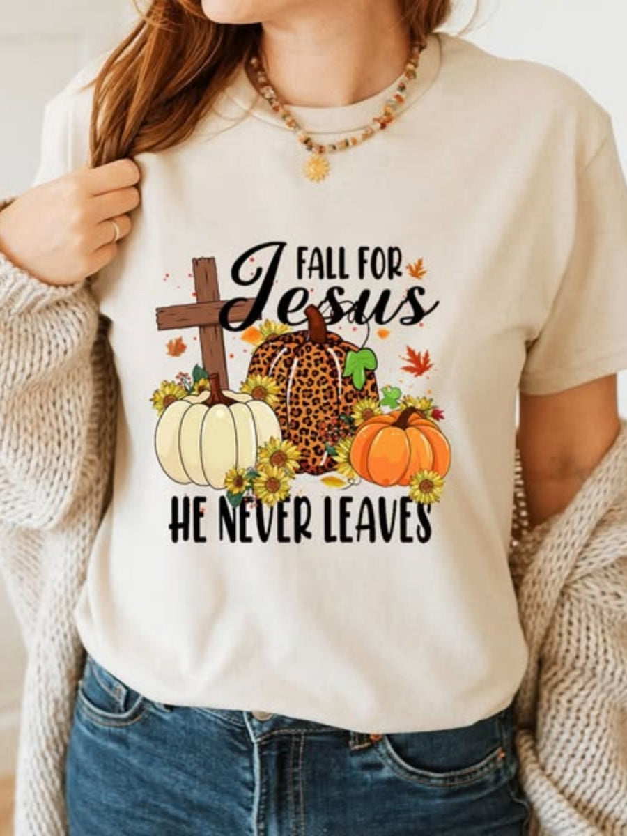 Fall For Jesus He Never Leaves Pumpkins Cotton T-Shirt