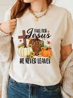 Fall For Jesus He Never Leaves Pumpkins Cotton T-Shirt