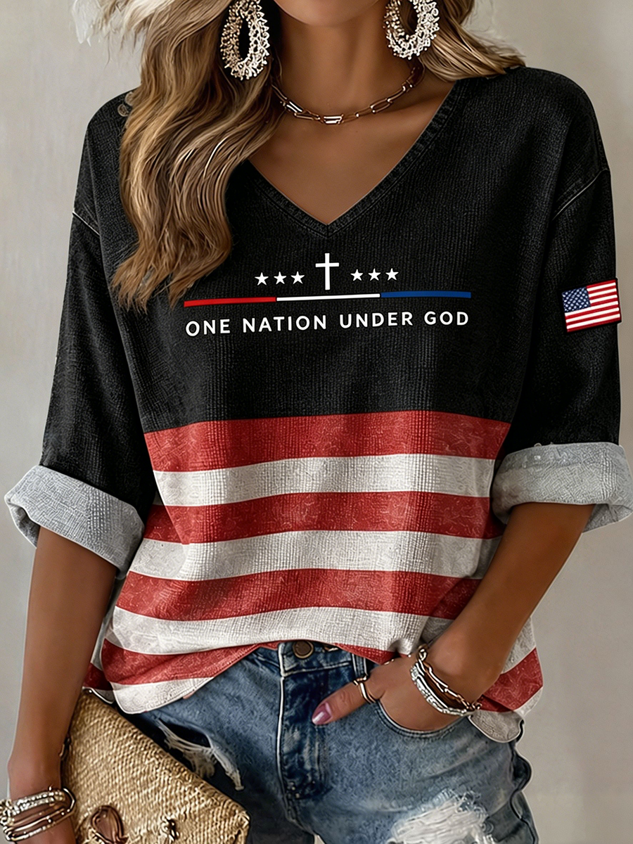 Women's One Nation Under God Cross Star American Flag Striped Roll Cuff V-Neck Loose Blouse