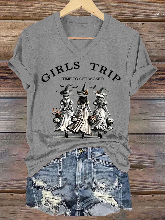 Women's Funny Halloween Witch Girls Trip Time To Get Wicked Casual V-Neck Tee
