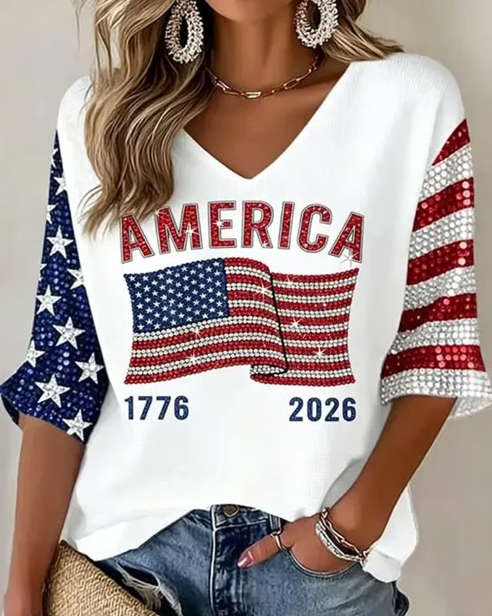 American 1776-2026 V-neck Half Sleeved Loose Top