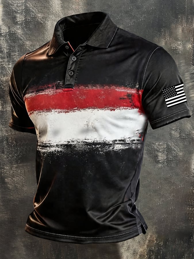 Men's Retro Patriotic Color-Block Short-Sleeve Polo Shirt