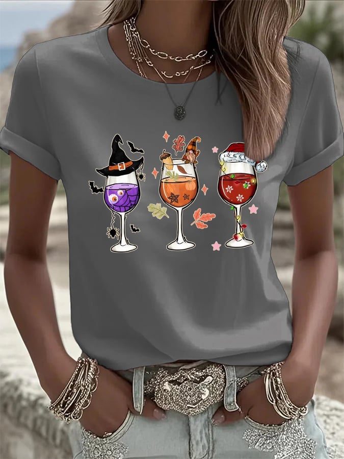🔥HOT SALE🔥Women's Halloween Wine Glass Print Casual T-shirt