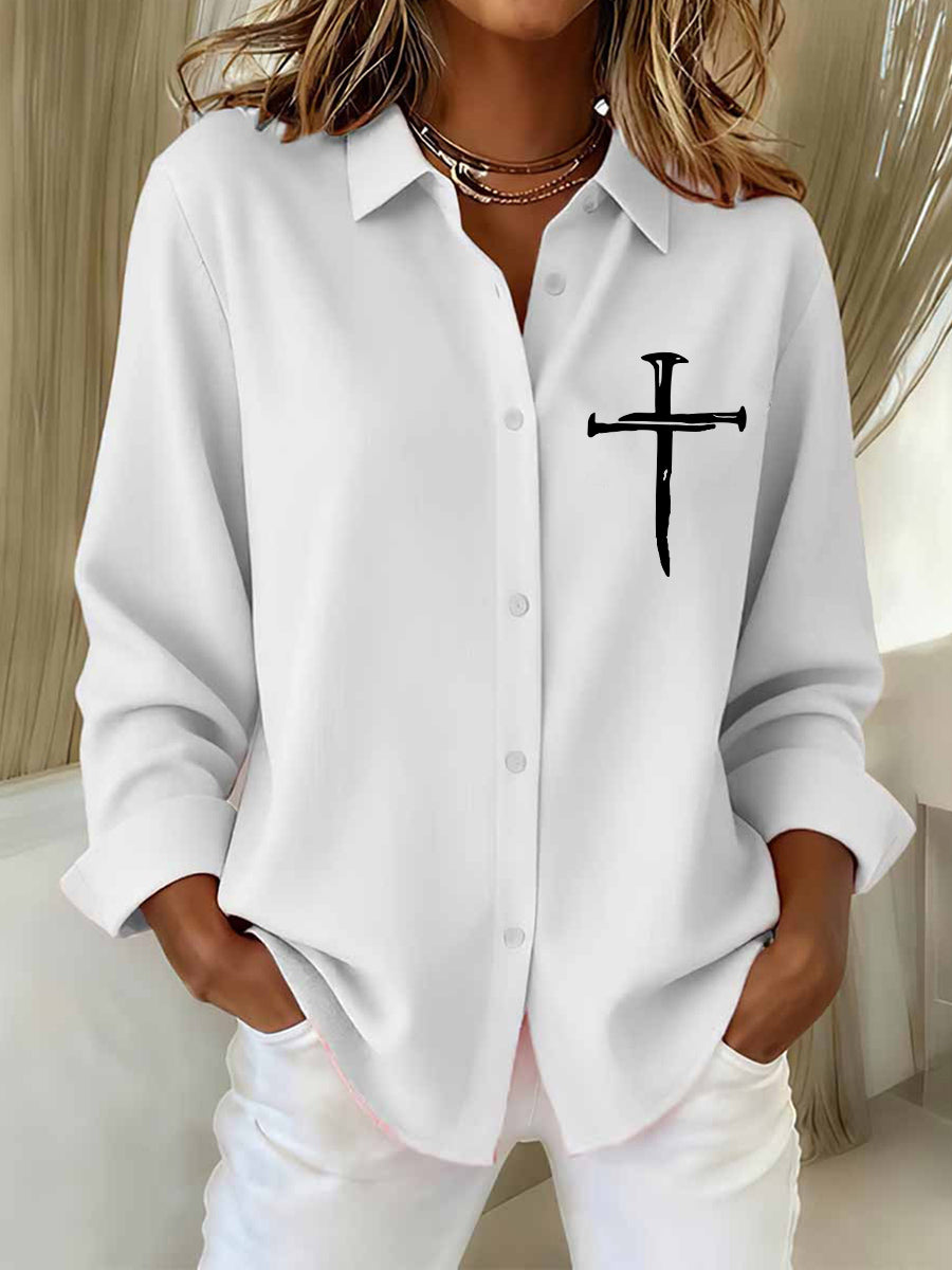 Women's Faith Over Fear Print Casual Cotton Linen Shirt