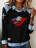 Women'S Flag And Bald Eagle Print Lapel Long Sleeve Top