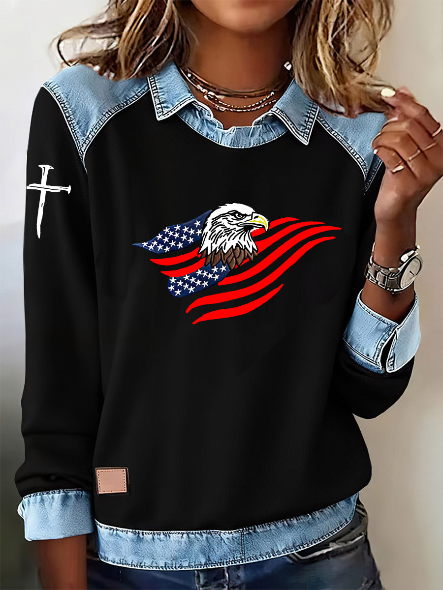 Women'S Flag And Bald Eagle Print Lapel Long Sleeve Top