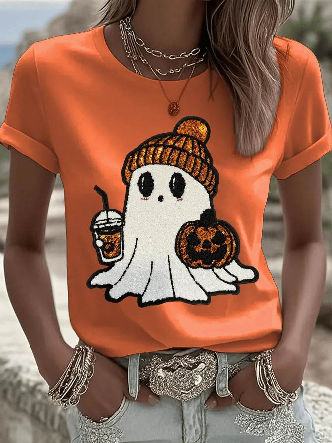 Women's Halloween Ghost Print Crew Neck T-Shirt