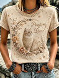 Women's Cute Cat Floral Art Print Casual T-Shirt